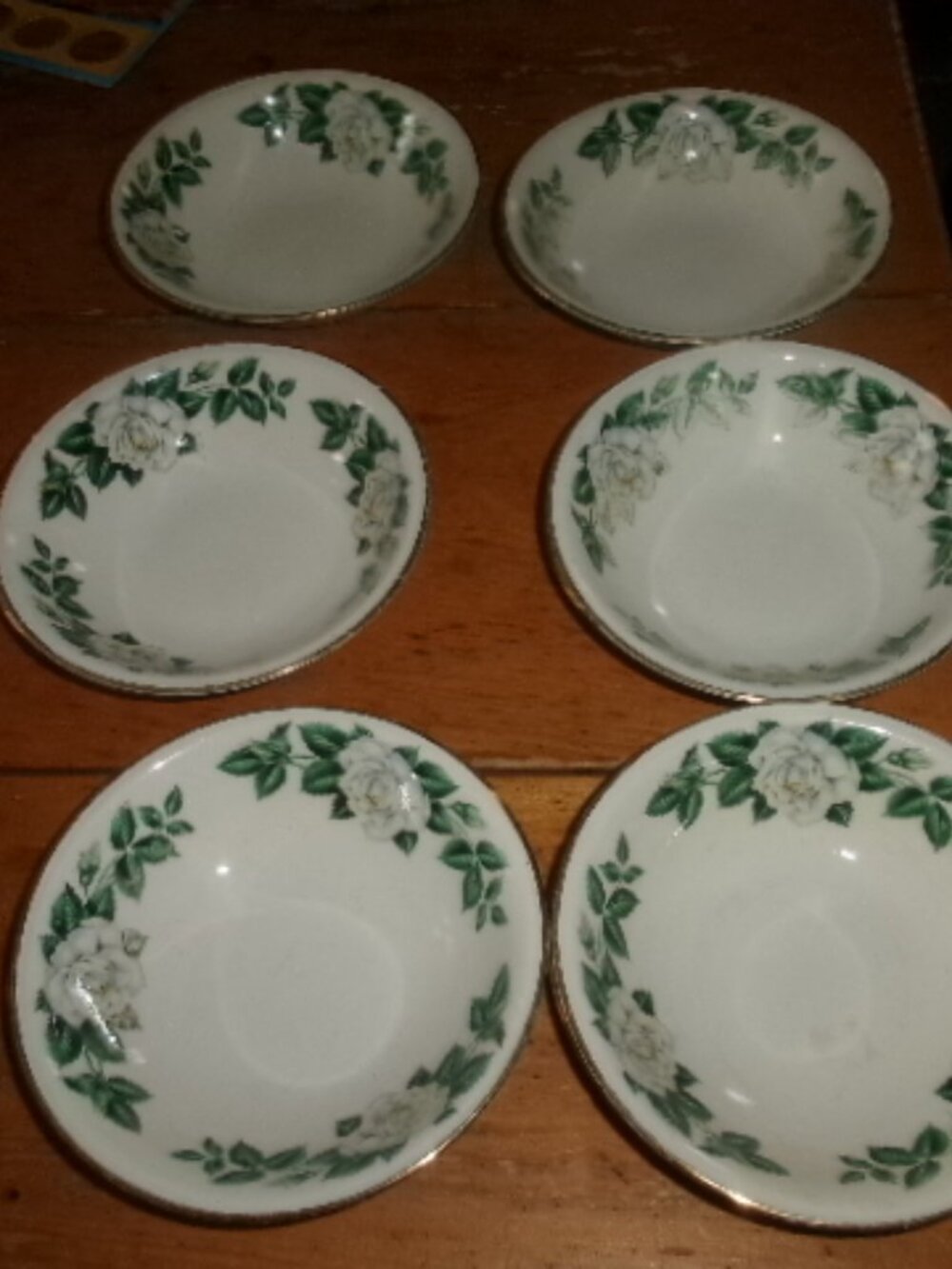 6-Vtg Homer Laughlin berry desert bowls floral white roses and green gold trim